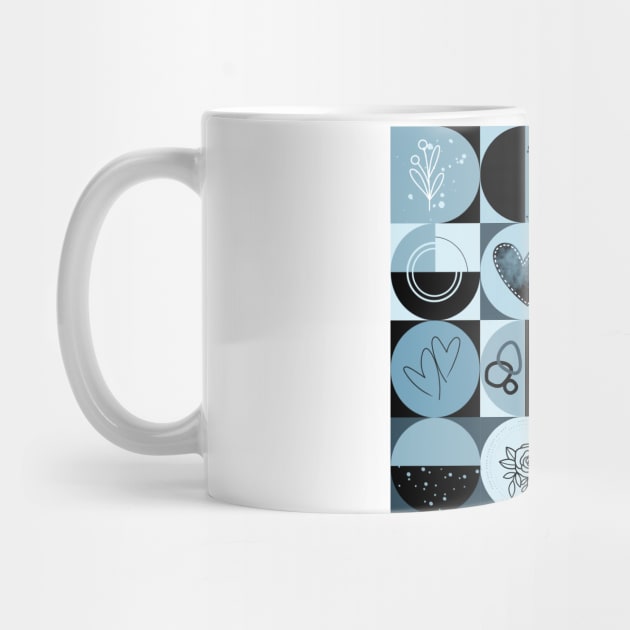 repeating geometry pattern, squares and circles, ornaments, black blue color tones by Artpassion